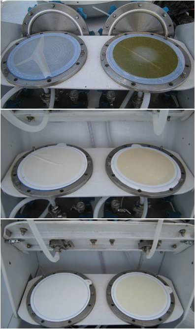 3.0 micron filters (top), 0.8 micron filters (middle), and 0.1 micron filters (bottom)