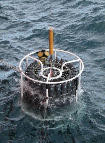 CTD Rosette being deployed at the base of the Mertz Glacier to collect a sample from 1320m in depth